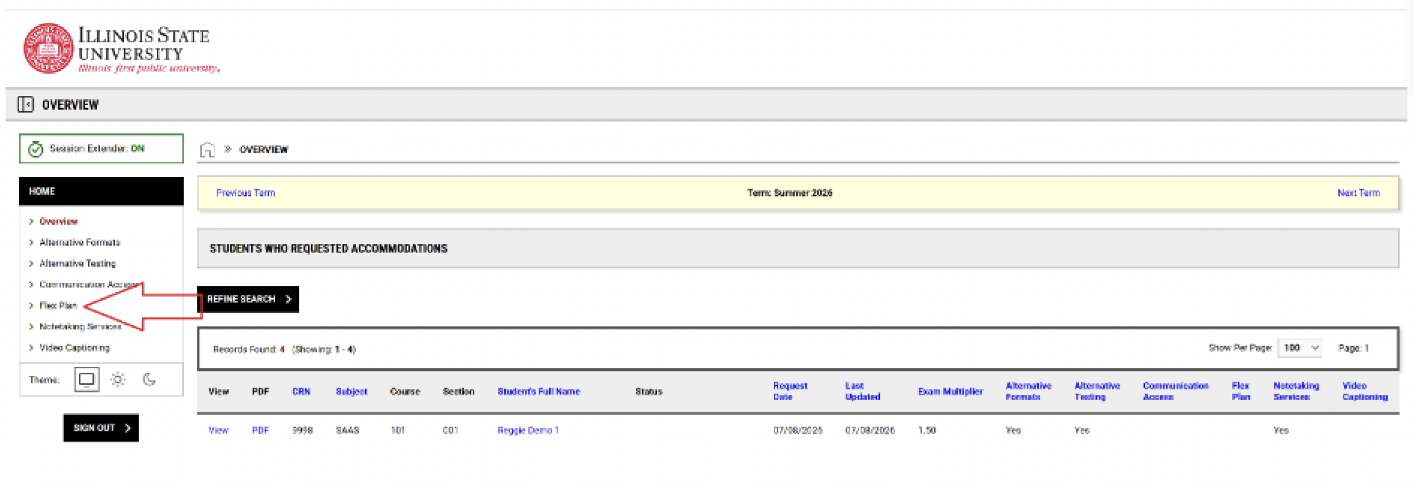 Screenshot of the overview page on the Instructor Portal with an arrow pointing to the Flex Plan link on the left of the page.