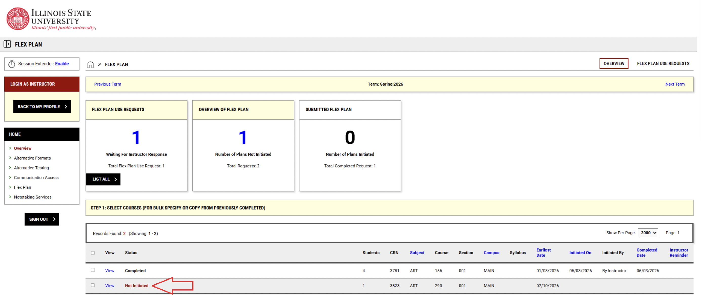 Screenshot of the Flex Plan page on the Instructor Portal with an arrow pointing to the Status of Not Initiated in the table of students listed