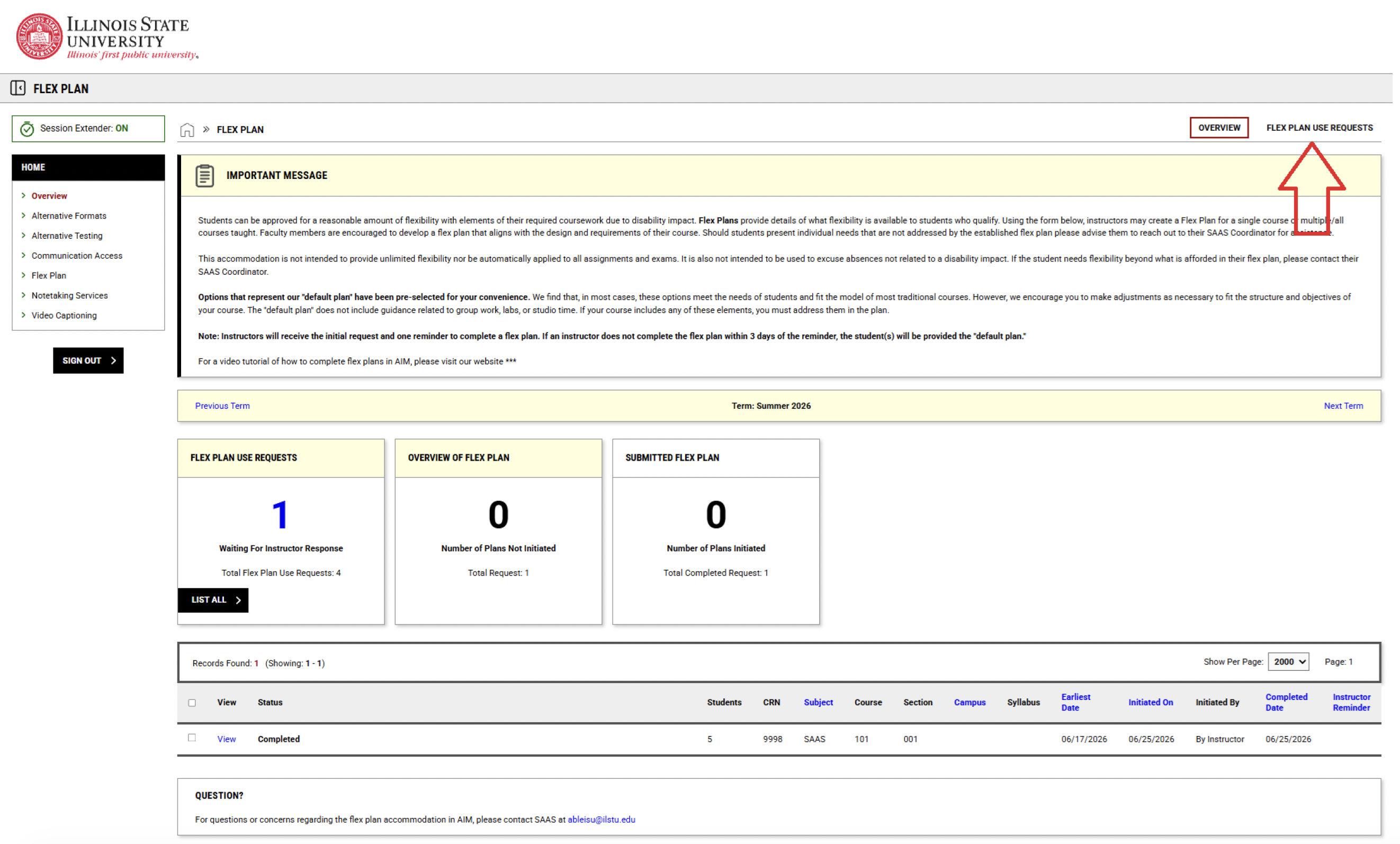 Screenshot of the Flex Plan Use Requests page on the Instructor Portal with an arrow pointing to the Flex Plan Use Requests section at the top right of the page.