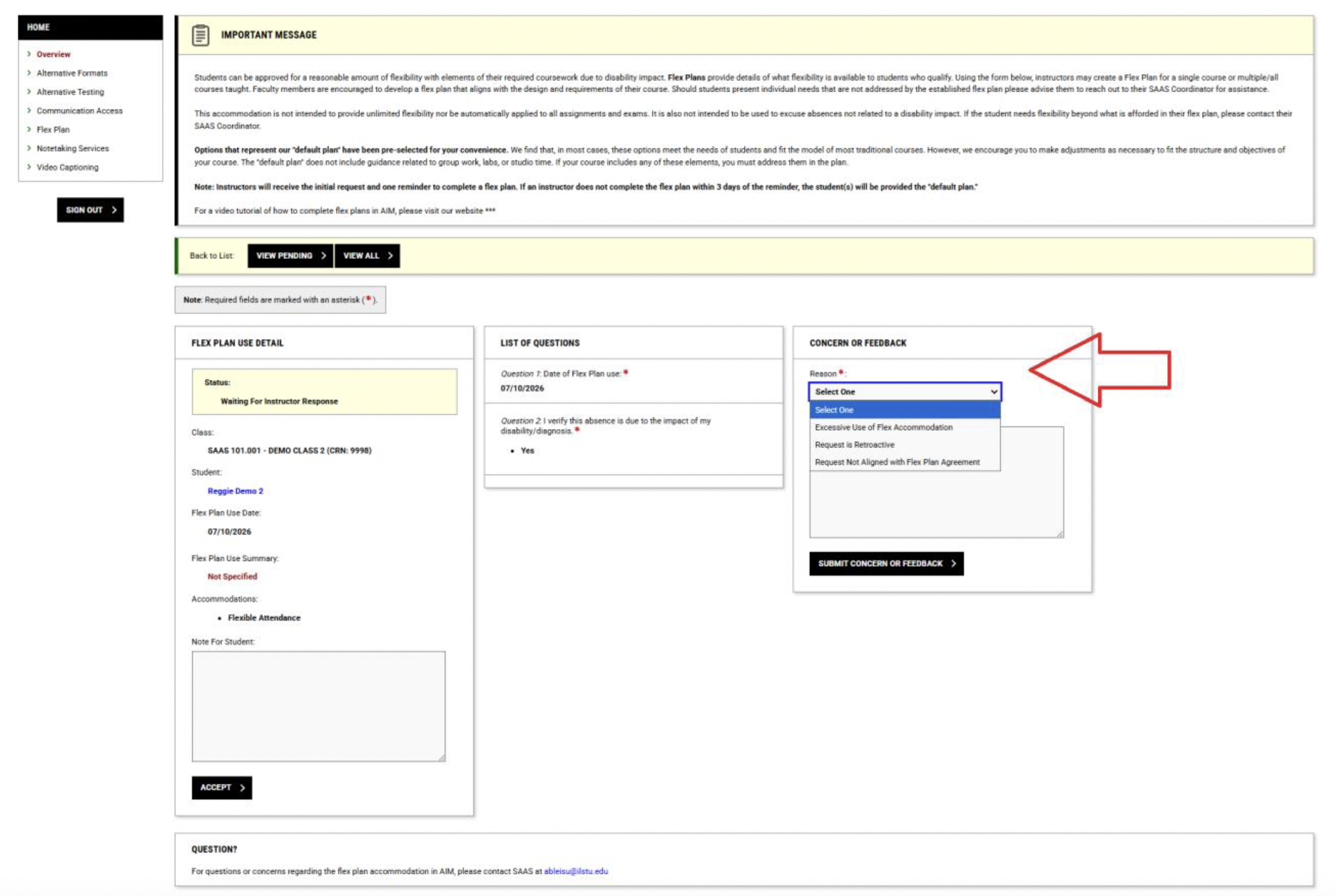 Screenshot of Flex Plan Use Request page where instructors can select from a dropdown menu the reason for concern or feedback