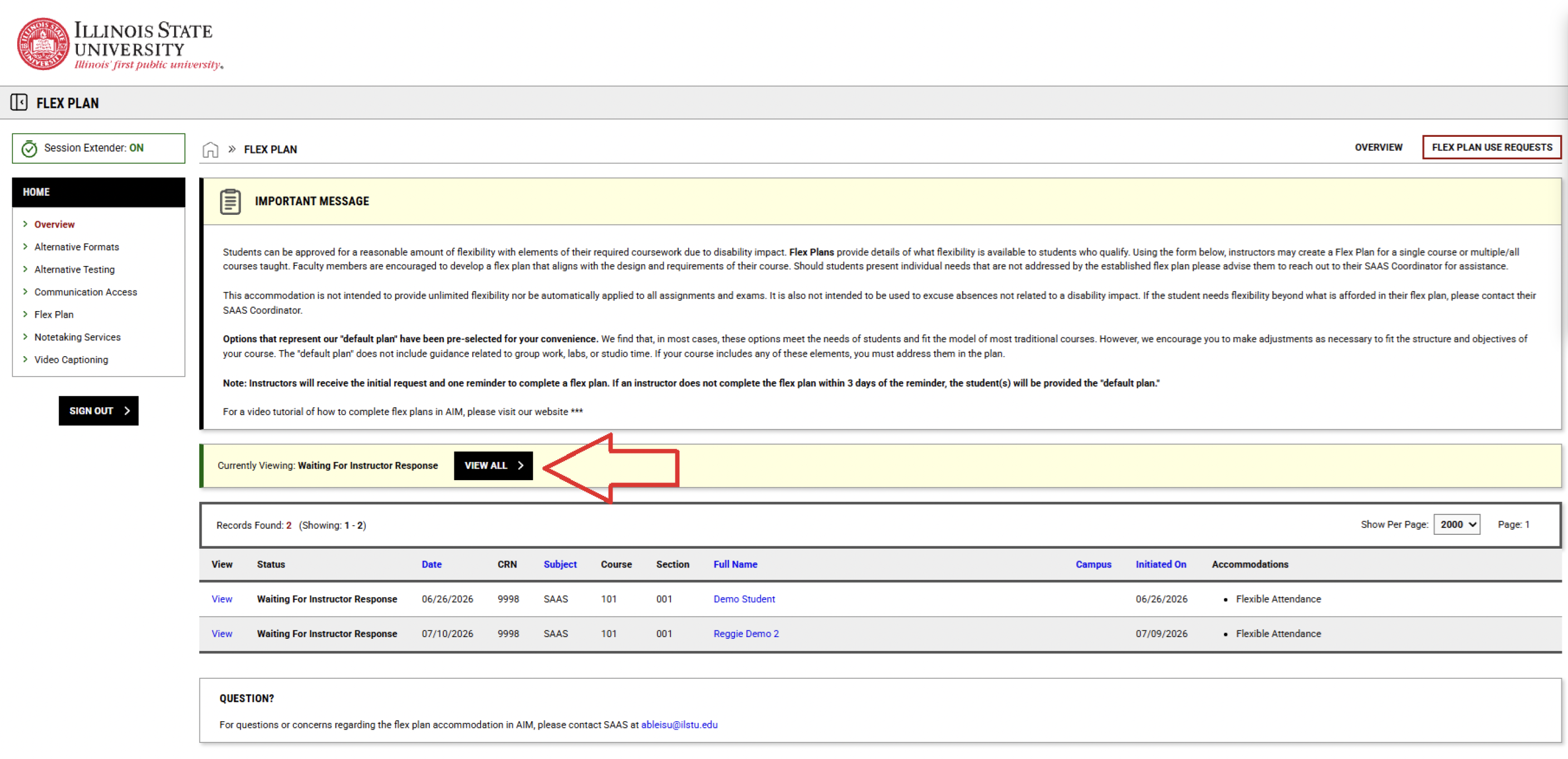 Screenshot of Flex Plan Use Request page with an arrow pointing to the View All button