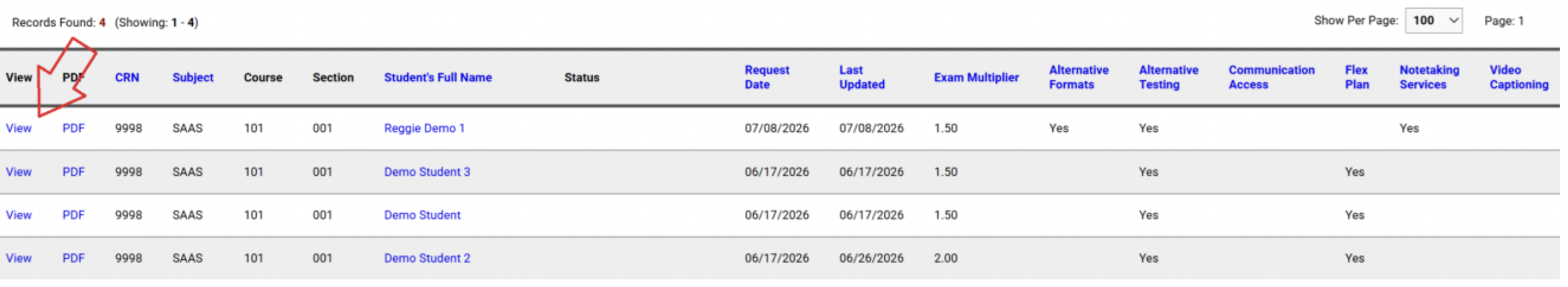 screenshot of SAAS Instructor Portal Overview page with arrow pointing to View and PDF links next to each student name indicating Facutly Notification Letter can be viewed with these links.