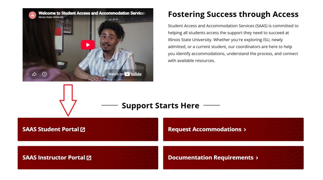 screenshot of web page for Student Access and Accommodation Services at Illinois State University featuring a video thumbnail of a young man, a description of services, and links to student and instructor portals.