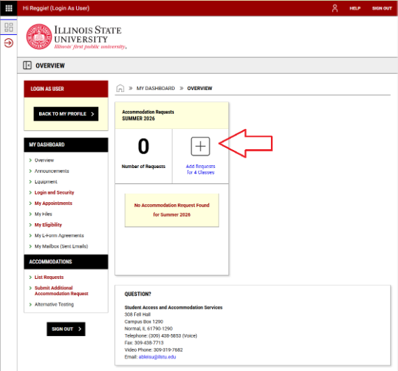 SAAS accommodation request webpage with an arrow pointing to area of dashboard stating Make Request for # Classes