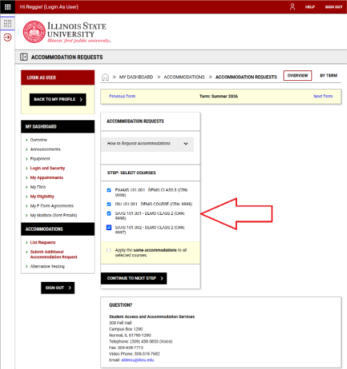 Screenshot of SAAS accommodation request portal, featuring course selection and navigation options.