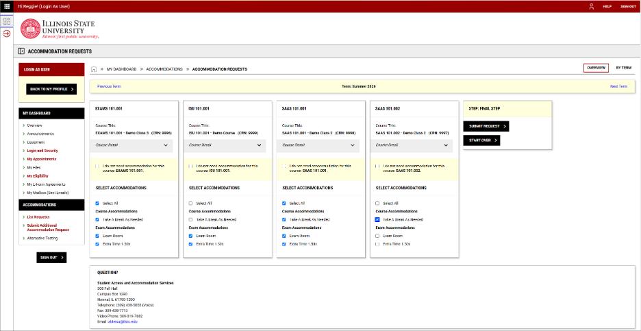 Screenshot of SAAS accommodation request portal, featuring courses and accommodations listed for each course